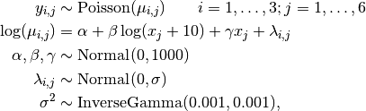y_{i,j} &\sim \text{Poisson}(\mu_{i,j}) \quad\quad i=1,\ldots,3; j=1,\ldots,6 \\
\log(\mu_{i,j}) &= \alpha + \beta \log(x_j + 10) + \gamma x_j + \lambda_{i,j} \\
\alpha, \beta, \gamma &\sim \text{Normal}(0, 1000) \\
\lambda_{i,j} &\sim \text{Normal}(0, \sigma) \\
\sigma^2 &\sim \text{InverseGamma}(0.001, 0.001),