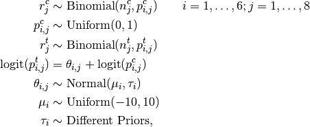 r^c_j &\sim \text{Binomial}(n^c_j, p^c_{i,j}) \quad\quad i=1,\ldots,6; j=1,\ldots,8 \\
p^c_{i,j} &\sim \text{Uniform}(0, 1) \\
r^t_j &\sim \text{Binomial}(n^t_j, p^t_{i,j}) \\
\operatorname{logit}(p^t_{i,j}) &= \theta_{i,j} + \operatorname{logit}(p^c_{i,j}) \\
\theta_{i,j} &\sim \text{Normal}(\mu_i, \tau_i) \\
\mu_i &\sim \text{Uniform}(-10, 10) \\
\tau_i &\sim \text{Different Priors},