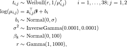 t_{i,j} &\sim \text{Weibull}(r, 1 / \mu_{i,j}^r) \quad\quad i=1,\ldots,38; j=1,2 \\
\log(\mu_{i,j}) &= \bm{z}_{i,j}^\top \bm{\beta} + b_i \\
b_i &\sim \text{Normal}(0, \sigma) \\
\sigma^2 &\sim \text{InverseGamma}(0.0001, 0.0001) \\
\beta_k &\sim \text{Normal}(0, 100) \\
r &\sim \text{Gamma}(1, 1000),