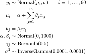y_{i} &\sim \text{Normal}(\mu_i, \sigma) \quad\quad i=1, \ldots, 60 \\
\mu_i &= \alpha + \sum_{j=1}^{15} \theta_j x_{ij} \\
\theta_j &= \beta_j \gamma_j \\
\alpha, \beta_j &\sim \text{Normal}(0, 1000) \\
\gamma_j &\sim \text{Bernoulli}(0.5) \\
\sigma^2 &\sim \text{InverseGamma}(0.0001, 0.0001) \\