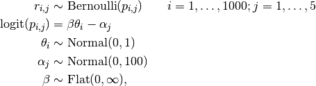 r_{i,j} &\sim \text{Bernoulli}(p_{i,j}) \quad\quad i=1,\ldots,1000; j=1,\ldots,5 \\
\operatorname{logit}(p_{i,j}) &= \beta \theta_i - \alpha_j \\
\theta_i &\sim \text{Normal}(0, 1) \\
\alpha_j &\sim \text{Normal}(0, 100) \\
\beta &\sim \text{Flat}(0, \infty),