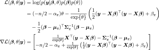 \mathcal{L}(\bm{\beta}, \theta | \bm{y}) &= \log(p(\bm{y} | \bm{\beta}, \theta) p(\bm{\beta}) p(\theta)) \\
  &= (-n/2 -\alpha_\pi) \theta - \frac{1}{\exp\{\theta\}} \left(\frac{1}{2} (\bm{y} - \bm{X} \bm{\beta})^\top (\bm{y} - \bm{X} \bm{\beta}) + \beta_\pi \right) \\
  &\quad - \frac{1}{2} (\bm{\beta} - \bm{\mu}_\pi)^\top \bm{\Sigma}_\pi^{-1} (\bm{\beta} - \bm{\mu}_\pi) \\
\nabla \mathcal{L}(\bm{\beta}, \theta | \bm{y}) &= \begin{bmatrix}
  \frac{1}{\exp\{\theta\}} \bm{X}^\top (\bm{y} - \bm{X} \bm{\beta}) - \bm{\Sigma}_\pi^{-1} (\bm{\beta} - \bm{\mu}_\pi) \\
  -n/2 -\alpha_\pi + \frac{1}{\exp\{\theta\}} \left(\frac{1}{2} (\bm{y} - \bm{X} \bm{\beta})^\top (\bm{y} - \bm{X} \bm{\beta}) + \beta_\pi \right)
\end{bmatrix}