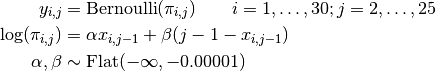 y_{i,j} &= \text{Bernoulli}(\pi_{i,j}) \quad\quad i=1,\ldots,30; j=2,\ldots,25 \\
\log(\pi_{i,j}) &= \alpha x_{i,j-1} + \beta (j - 1 - x_{i,j-1}) \\
\alpha, \beta &\sim \text{Flat}(-\infty, -0.00001) \\
