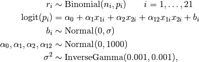 r_i &\sim \text{Binomial}(n_i, p_i) \quad\quad i=1,\ldots,21 \\
\operatorname{logit}(p_i) &= \alpha_0 + \alpha_1 x_{1i} + \alpha_2 x_{2i} + \alpha_{12} x_{1i} x_{2i} + b_i \\
b_i &\sim \text{Normal}(0, \sigma) \\
\alpha_0, \alpha_1, \alpha_2, \alpha_{12} &\sim \text{Normal}(0, 1000) \\
\sigma^2 &\sim \text{InverseGamma}(0.001, 0.001),